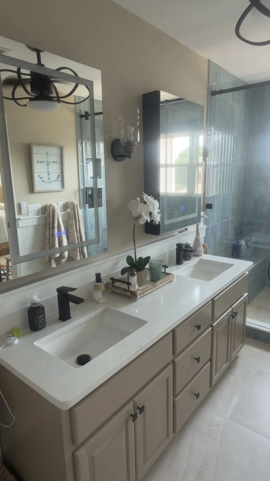 Pristine bathroom vanity and mirrors