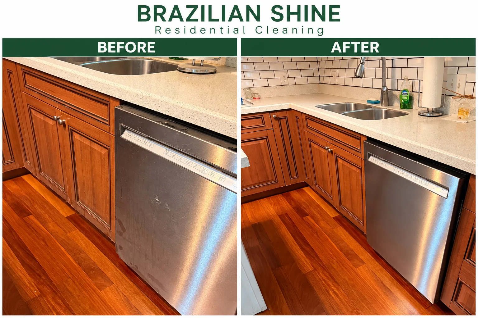 Side by side before and after kitchen cleaning